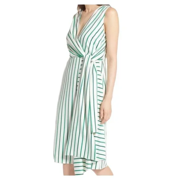 Halogen Draped Faux Wrap Striped Green White Dress L Green White Lined - Picture 15 of 16